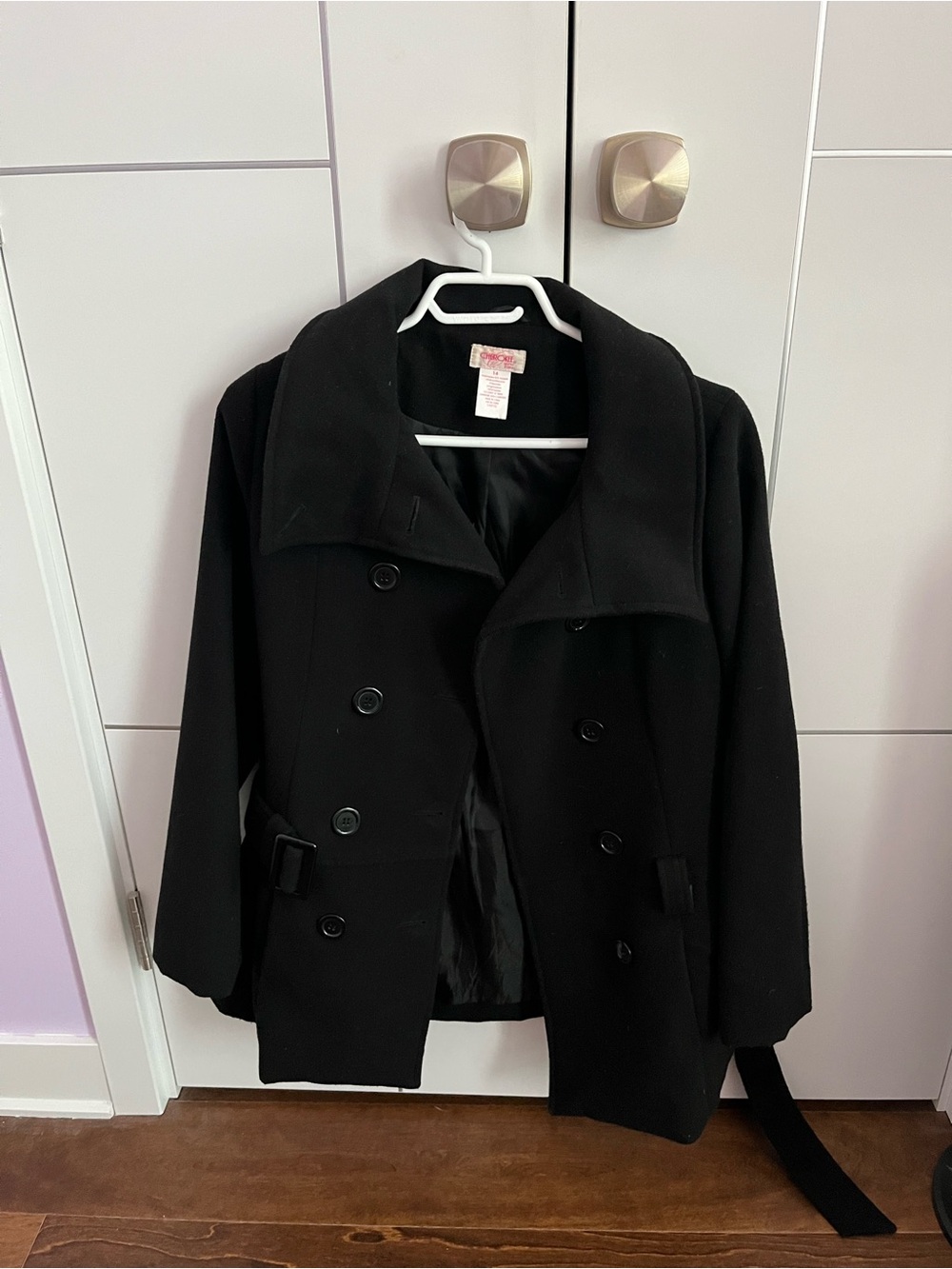 Cherokee Black Women's Peacoat with Waist Bow Detail